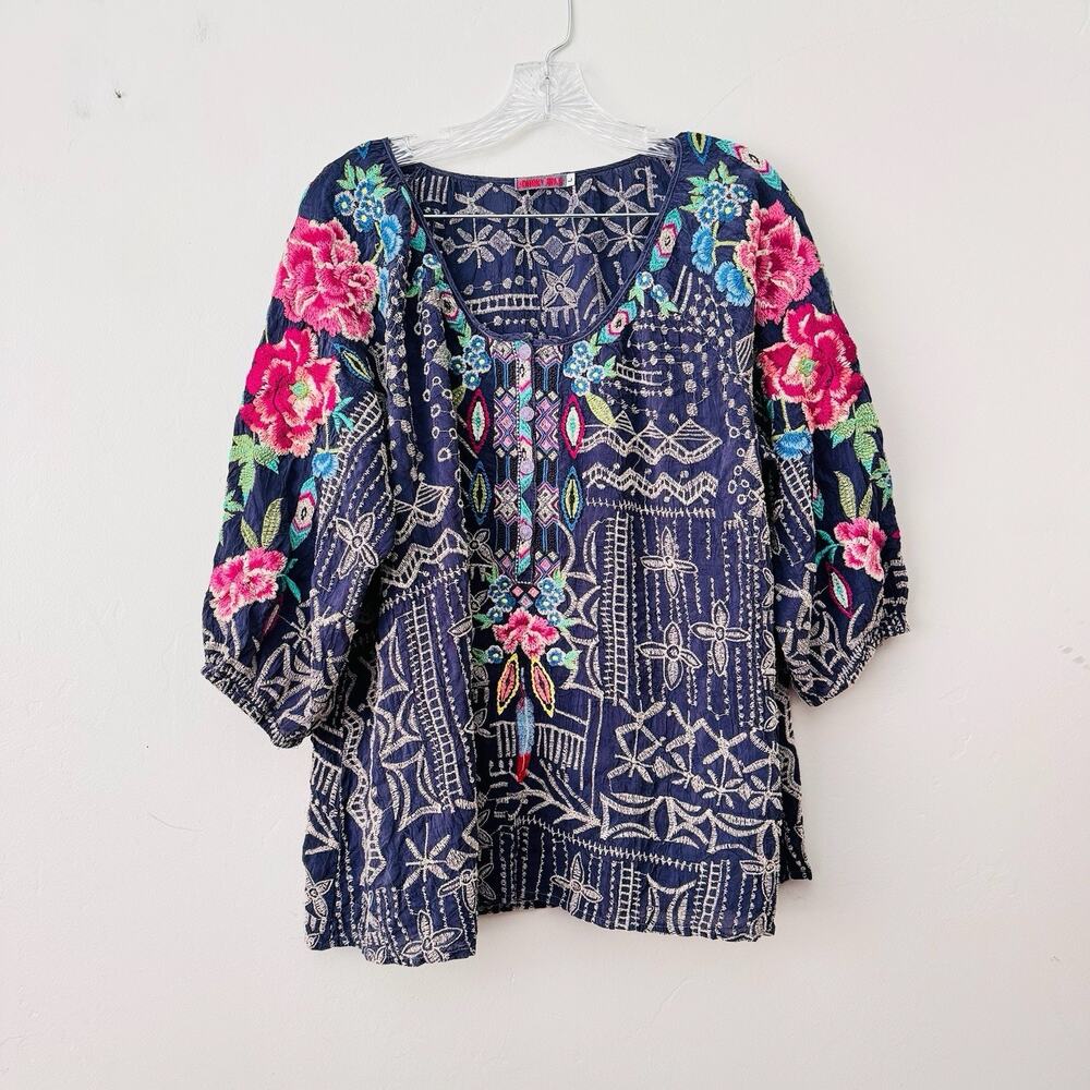 Johnny Was Navy Embroidered Floral Peasant Blouse with Pink & Teal Accents